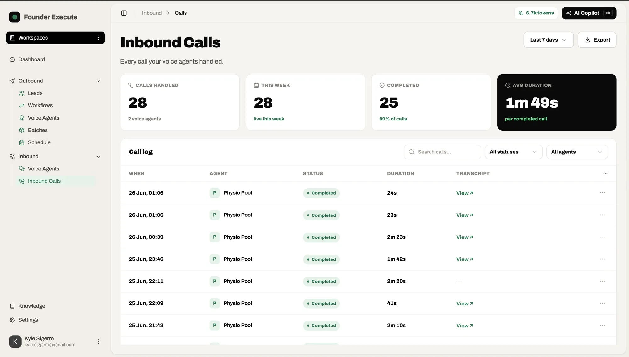 The Founder Execute Inbound Calls dashboard — every call logged with status, duration, transcript and the booked appointment