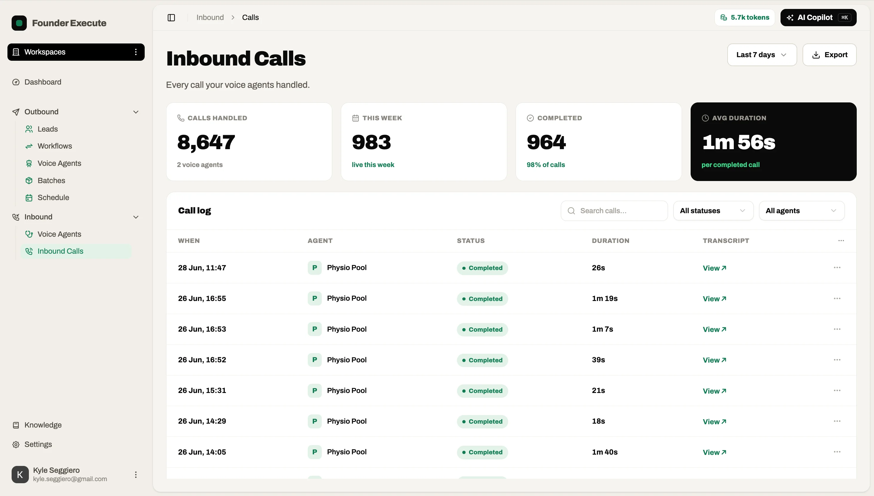 Das Founder-Execute-Dashboard für eingehende Anrufe — jeder Anruf mit Status, Dauer, Transkript und gebuchtem Termin