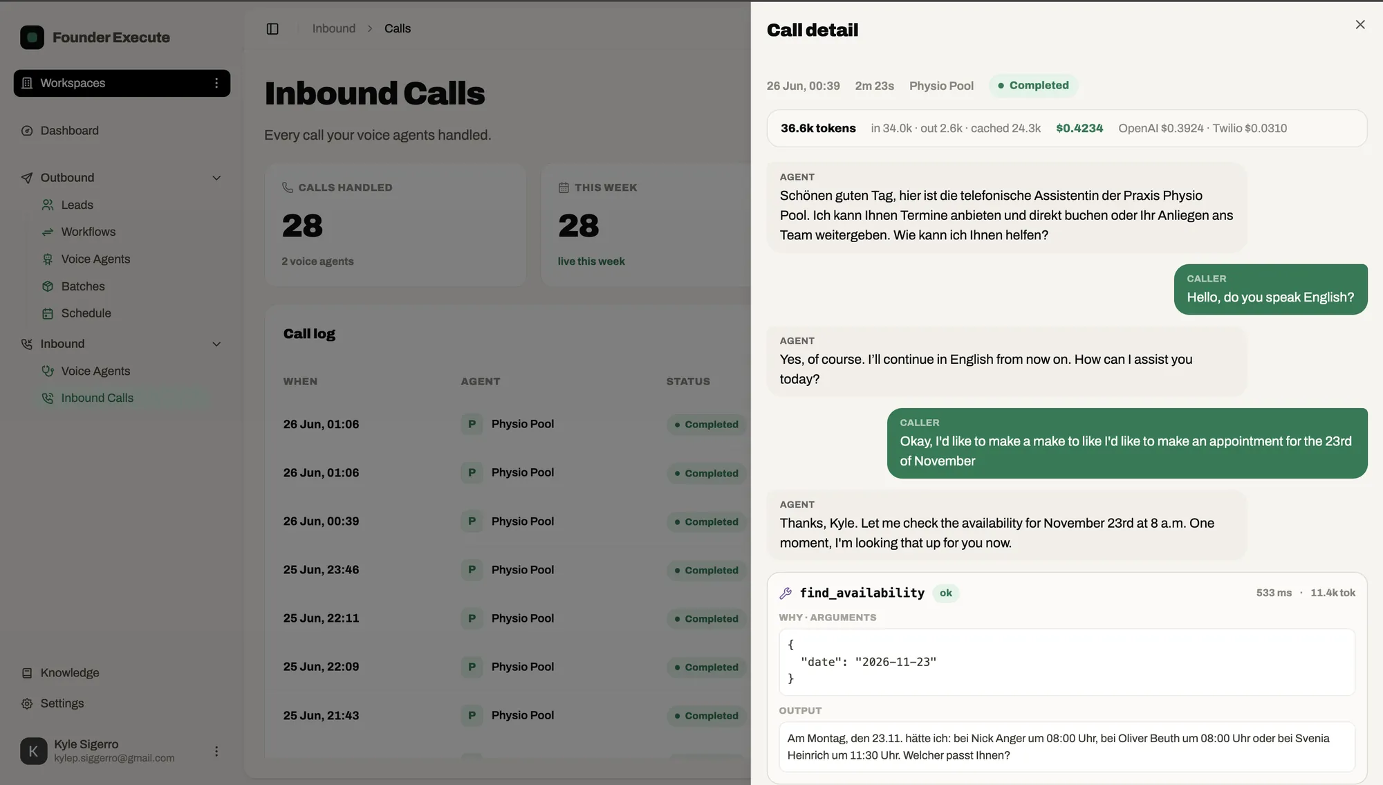 A real inbound call answered in German by the AI voice agent — checking availability and booking an appointment